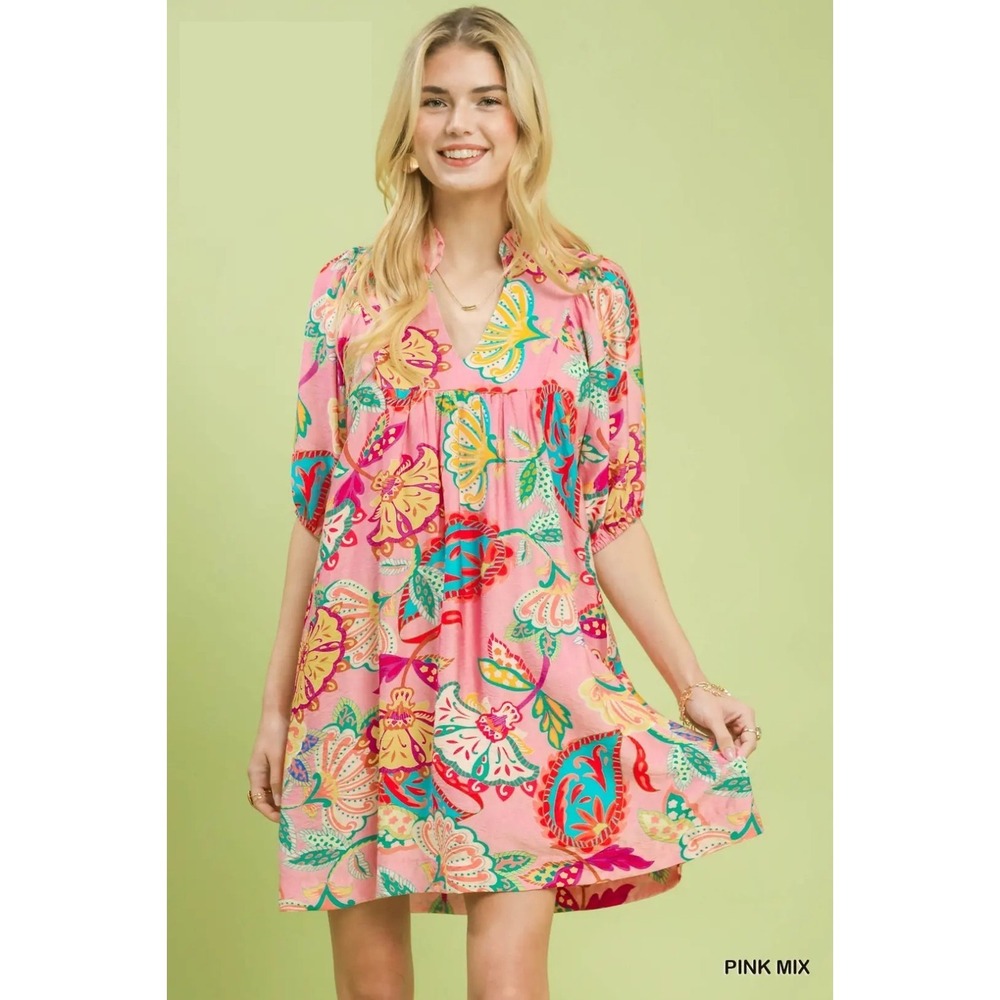 Umgee Paisley Print Mini Dress - Pink mix - Small